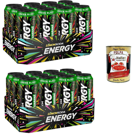 Lemonsoda Energie | Green Blast, Energy Drink mit Guarana, Apfelsaft und Kiwi, 24 Dosen à 50 cl, mit Vitaminen und Koffein Original italienisch inkl. Italian Gourmet Polpa di Pomodoro 400g