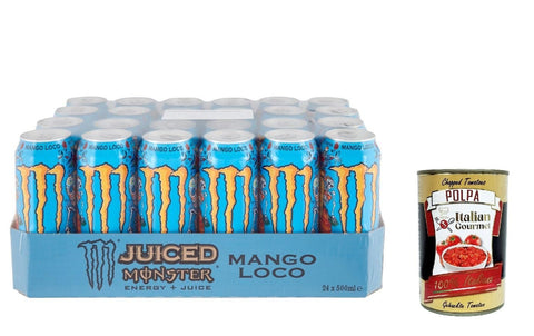 Italian Gourmet E.R. Energy Drinks Monster Energy Mango Loco - koffeinhaltiger Energy Drink mit tropischem Fruchtgeschmack aus Mango, Guave und Ananas - in praktischen Einweg Dosen (24 x 500 ml) + Italian Gourmet polpa 400g 8032804040014
