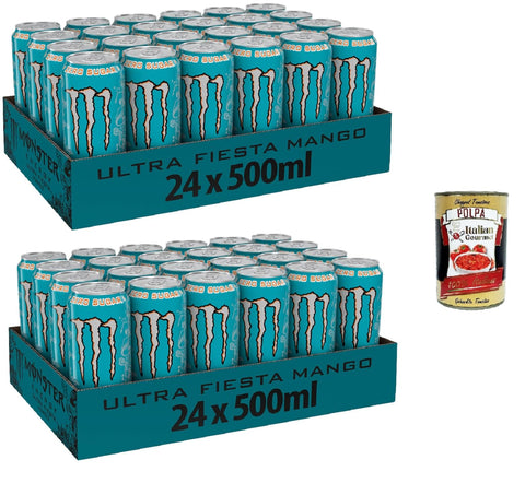 Monster Energy Ultra Fiesta - koffeinhaltiger Energy Drink mit leichtem Mango - Geschmack - ohne Zucker und ohne Kalorien - in praktischen Einweg Dosen ( ) 48 x 500 ml inkl. Italian Gourmet polpa 400g Original italienisch