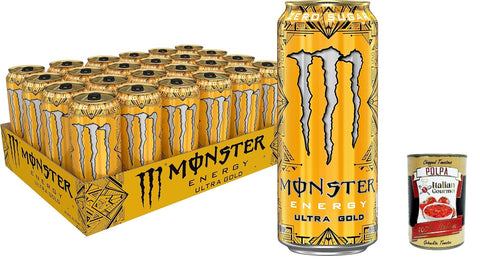 Italian Gourmet E.R. Energy Drinks Monster Energy Ultra Gold - koffeinhaltiger Energy Drink mit fruchtigem Ananas-Geschmack - ohne Zucker und ohne Kalorien - in praktischen Dosen (24 x 500 ml) + Italian Gourmet polpa 400g 8032804040014