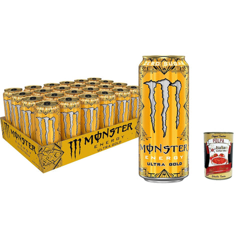 Monster Energy Ultra Gold - koffeinhaltiger Energy Drink mit fruchtigem Ananas-Geschmack - ohne Zucker und ohne Kalorien - in praktischen Dosen (24 x 500 ml) Original italienisch inkl. Italian Gourmet Polpa 400g