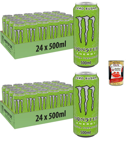 Italian Gourmet E.R. Energy Drinks Monster Energy Ultra Paradise - koffeinhaltiger Energy Drink mit Kombination aus Apfel, Kiwi und Gurke - ohne Zucker und ohne Kalorien - in Dosen (48 x 500 ml) + Italian Gourmet polpa 400g 8032804040014