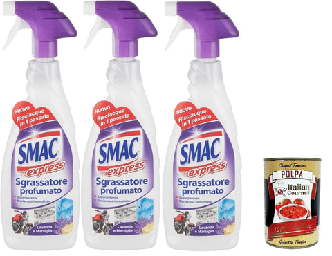 Italian Gourmet E.R. Entfettungsmittel Smac Express, Entfetter mit Lavendelduft, Sprühreiniger für mehrere Oberflächen mit entfettender Wirkung, 3x650 ml+ Italian Gourmet polpa 400g 8032804040014
