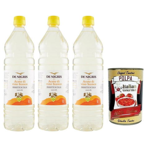 De Nigris Aceto di Vino Bianco,Weißweinessig,Säure 6%,PET-Flasche 1Lt 3x Original italienisch inkl. Italian Gourmet Polpa di Pomodoro 400g Dose