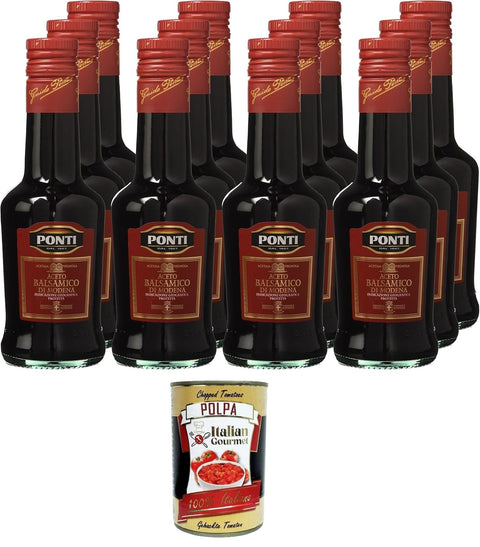 Italian Gourmet E.R. Essig Ponti Aceto Balsamico Modena Etichetta Rossa, Balsamico-Essig aus Modena Rotes Etikett, 12x250ml + Italian Gourmet polpa 400g 8032804040014