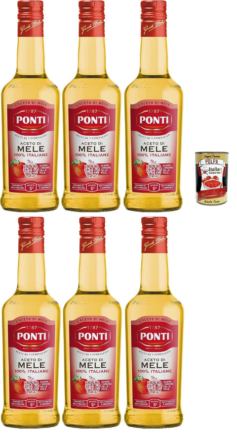 Italian Gourmet E.R. Essig Ponti, Aceto di Mele 100% Italiane, Apfelessig mit einem sanften und harmonischen Geschmack, 5% Säure, ideal für das Aromatisieren Ihrer Salate und Fleisch, 6x 500 ml + Italian Gourmet polpa 400g 8032804040014