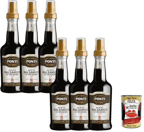 Italian Gourmet E.R. Essig Ponti, Balsamico-Essig Modena I.G.P. Spray, intensiver Duft, ideal für gekochtes und rohes rotes Fleisch, frischen und reifen Käse, 100% italienisch, 6x 250 ml + Italian Gourmet polpa 400g 8032804040014