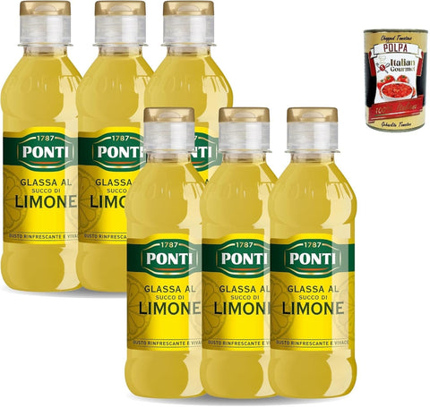 Italian Gourmet E.R. Essig Ponti, Gastronomische Glasur mit Zitronensaft, cremig und erfrischend, ideal zum Aroma -Fleisch-, Fisch- und Obstsalatgerichten, 100% in Italien, 6x 220g + Italian Gourmet polpa 400g 8032804040014