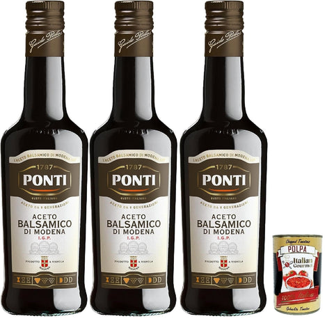 Italian Gourmet E.R. Essig Ponti, Modena I.G.P. Balsamico-Essig, aus Trauben von 7 ausgewählten Rebsorten und edler Weinessig, ideal zum Würzen von rohem und gekochtem rotem Fleisch, 3x 500 ml + Italian Gourmet polpa 400g 8032804040014