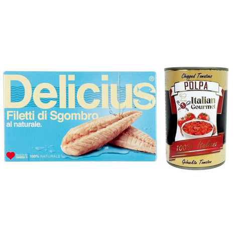 Delicius Filetti di Sgombro al Naturale,Natürliche Makrelenfilets,reich an Omega 3,Hochwertiger Blauer Fisch,125g 10x Original italienisch inkl. Italian Gourmet Polpa di Pomodoro 400g Dose