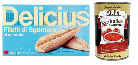 Italian Gourmet E.R. Fertiggerichte 10x Delicius Filetti di Sgombro al Naturale,Natürliche Makrelenfilets,reich an Omega 3,Hochwertiger Blauer Fisch,125g + Italian Gourmet Polpa di Pomodoro 400g Dose 8006460021304