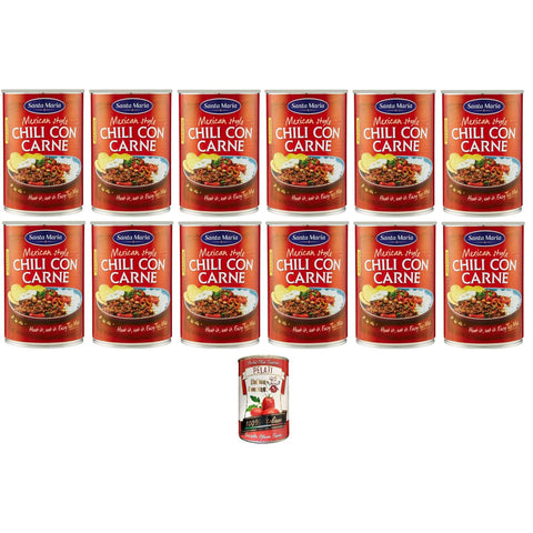 Santa Maria Chili con Carne, leicht scharfes Gericht der Tex-Mex-Küche, zum Füllen von Tacos oder zum Servieren mit Tortillachips, 410 g Dose 12x Original italienisch inkl. Italian Gourmet Pelati 400g
