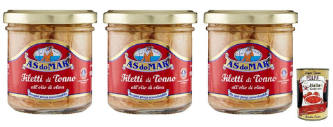 AS do Mar Filetti di Tonno all'Olio di Oliva, Thunfischfilets in Olivenöl, Glas 3x 150g inkl. Italian Gourmet Polpa di Pomodoro 400g Dose Original italienisch