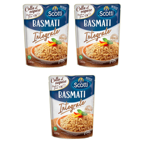 Riso Scotti Basmati Integrale Gedämpfter Fertigreis Vollkorn-Basmati Reis in 2 Minuten Fertig 230g Beutel 3x Original italienisch