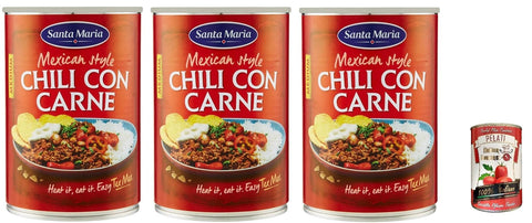 Santa Maria Chili Santa Maria, Chili con Carne, leicht scharfes Gericht der Tex - Mex - Küche, zum Füllen von Tacos oder zum Servieren mit Tortillachips, Dose 3x 410 g inkl. Italian Gourmet pelati 400gr Original italienisch