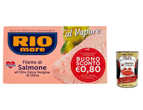 Rio Mare Lachsfilet mit extra jungfräulichem Olivenöl, Dampf gekocht, reich an Omega 3, 125g 6x Original italienisch inkl. Italian Gourmet Polpa 400g