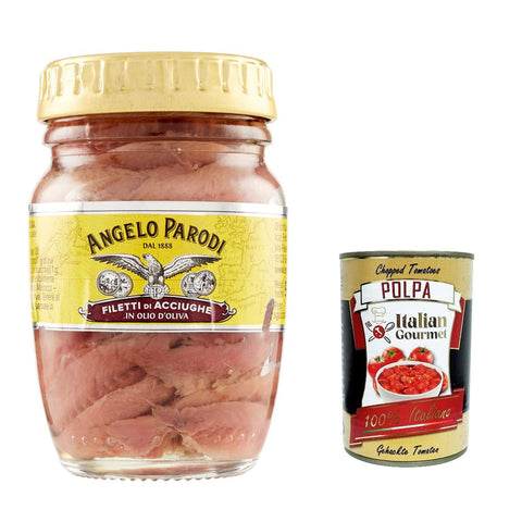 Angelo Parodi Filetti Di Acciughe In Olio D'oliva, Sardellenfilets in Olivenöl 6x 90 g inkl. Italian Gourmet Polpa di Pomodoro 400g Original italienisch