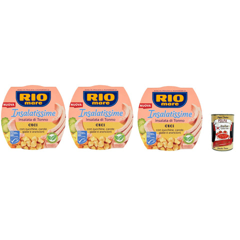 Rio Mare Insalatissime di tonno Gusto Ceci, ready to eat Tuna salad, Thunfischsalat mit Kichererbsen, Zucchini und Karotten, Fertiggerichte 3x 160g Original italienisch inkl. Italian Gourmet Polpa 400g