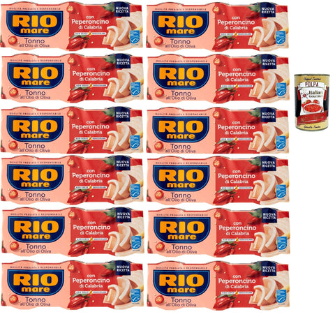 Italian Gourmet E.R. Fisch & Meeresfrüchte Rio mare Tonno all'Olio di Oliva con Peperoncino di Calabria, Thunfisch mit Olivenöl mit Kalabrien -Chili -Pfeffer 36x 65 g + Italian Gourmet polpa 400g 8032804040014