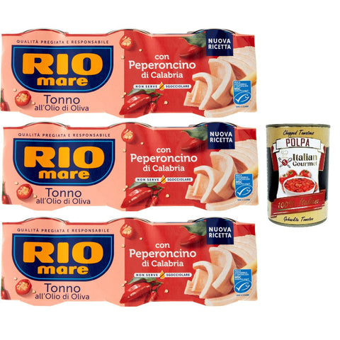 Rio Mare Tonno all'Olio di Oliva con Peperoncino di Calabria, Thunfisch mit Olivenöl mit Kalabrien -Chili -Pfeffer 9x 65 g Original italienisch inkl. Italian Gourmet Polpa 400g