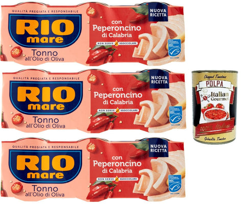 Italian Gourmet E.R. Fisch & Meeresfrüchte Rio mare Tonno all'Olio di Oliva con Peperoncino di Calabria, Thunfisch mit Olivenöl mit Kalabrien -Chili -Pfeffer 9x 65 g + Italian Gourmet polpa 400g 8032804040014