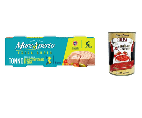 Italian Gourmet E.R. Fleisch, Geflügel & Wild 12x Mare Aperto Extra gusto Tonno Thunfisch mit Natives Olivenöl extra Thunfisch konserven wilder Thunfisch 180g (3x60g) + Italian Gourmet polpa 400g 8021182503778