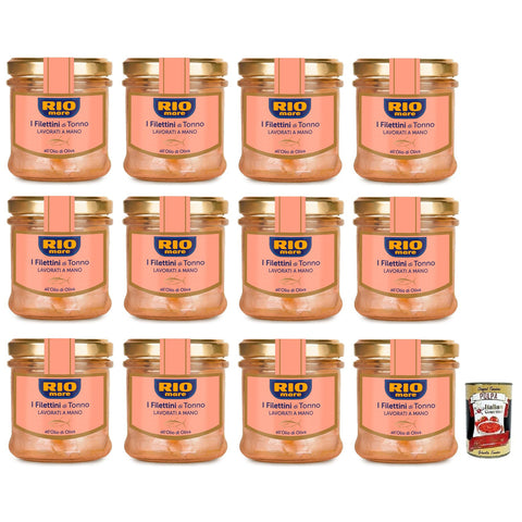 Rio Mare Filettini di Tonno all'Olio di Oliva, Thunfischfilets in Olivenöl, Glas mit 12x 130g inkl. Italian Gourmet Polpa di Pomodoro 400g Dose Original italienisch