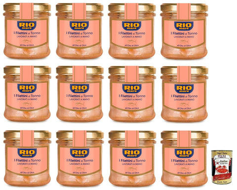 Rio Mare Filettini di Tonno all'Olio di Oliva, Thunfischfilets in Olivenöl, Glas mit 12x 130g inkl. Italian Gourmet Polpa di Pomodoro 400g Dose Original italienisch