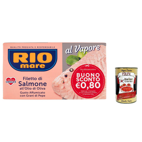 Rio Mare Gedämpftes Lachsfilet mit Olivenöl und Pfefferkörnern, geräucherter Geschmack 12x125g Original italienisch Feinkost
