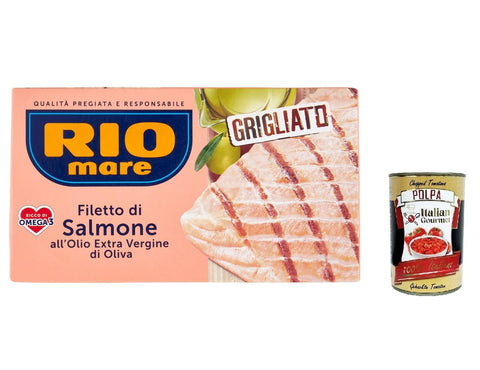 Rio Mare Gegrilltes Lachsfilet mit nativem Olivenöl extra, reich an Omega 3, 125 g 12x Original italienisch inkl. Italian Gourmet Polpa 400g