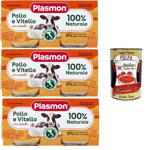 Italian Gourmet E.R. Fleisch, Geflügel & Wild Plasmon Carne Pollo Vitello e cereale 3x (2x80g) Mit italienischem Fleisch, 100% natürlich, ohne Stärken und Räume hinzugefügt + Italian Gourmet polpa 400g 8032804040014