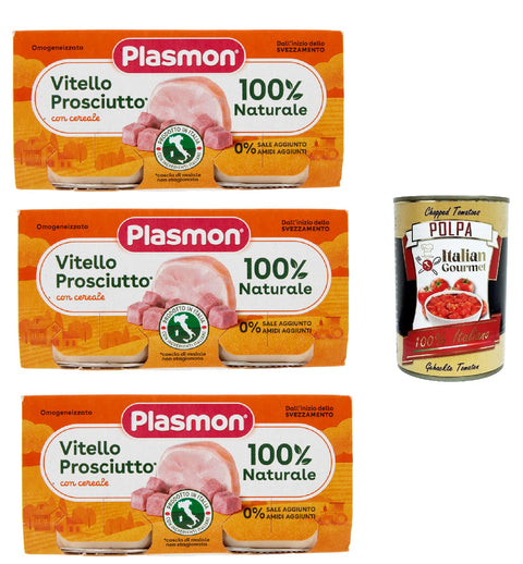 Italian Gourmet E.R. Fleisch, Geflügel & Wild Plasmon Carne Vitello prosciutto e cereale 3x (2x80g) Mit italienischem Fleisch, 100% natürlich, ohne Stärken und Räume hinzugefügt + Italian Gourmet polpa 400g 8032804040014