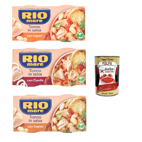 Rio Mare con gusto testpaket fertiggerichte Thunfisch Instant food, Tonno e fagioli, Tonno e cipolle, Tonno e piselli 6x 160g Original italienisch inkl. Italian Gourmet Polpa 400g