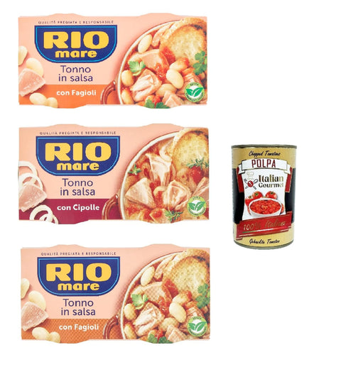 Italian Gourmet E.R. Fleisch, Geflügel & Wild Rio Mare con gusto testpaket fertiggerichte Thunfisch Instant food, Tonno e fagioli, Tonno e cipolle, Tonno e piselli 6x 160g + Italian Gourmet polpa 400g 8032804040014