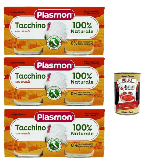Italian Gourmet E.R. Fleischzubereitungen Plasmon Carne Tacchino e cereale 3x (2x80g) Mit italienischem Fleisch, 100% natürlich, ohne Stärken und Räume hinzugefügt + Italian Gourmet polpa 400g 8032804040014