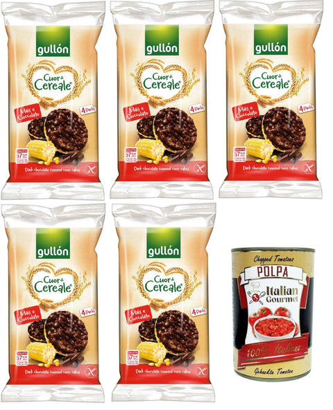Italian Gourmet E.R. Flips Gullon Cuor di Cereale Gallette di Mais Ricoperte di Cioccolato Fondente Cuor di Cereal Maiskuchen mit dunkler Schokolade überzogen 5x100gr + Italian Gourmet polpa 400g 8032804040014