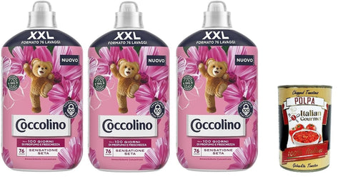 Italian Gourmet E.R. Flüssiger Weichspüler Coccolino XXL Ammorbidente Concentrato Sensazione Seta,Konzentrierter Weichspüler,76 Wäschen, 3x 1750ml + Italian Gourmet polpa 400g 8032804040014