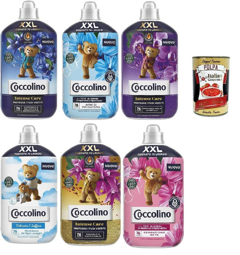Coccolino XXL Ammorbidente Concentrato Testpaket, Wilde Campanula und Bergamotte, Konzentrierter Weichspüler, 76 Wäschen 6x 1750ml inkl. Italian Gourmet polpa 400g Original italienisch