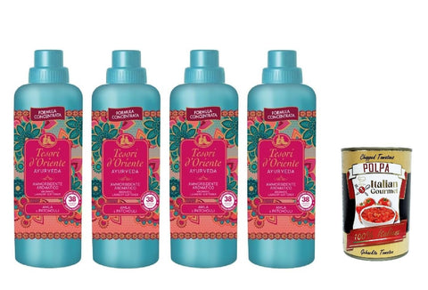 Italian Gourmet E.R. Flüssiger Weichspüler Tesori d’Oriente AMMORBIDENTE AYURVEDA Olio di Amla e Patchouli, Konzentrierter Weichspüler Amlaöl und Patchouli, 38 Wäschen, 4x 760ml + Italian Gourmet polpa 400g 8032804040014