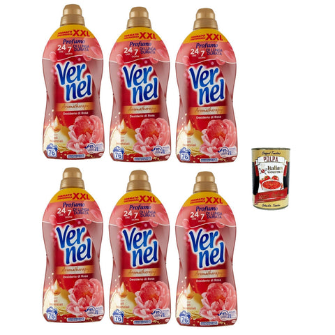 Vernel Aromatherapy Sehnsucht nach Rose, Weichspüler in der Waschmaschine, Konzentrat, Duft wie frisch gewaschen, 6 x 1.9Lt -Liter XXL Original italienisch inkl. Italian Gourmet Polpa 400g