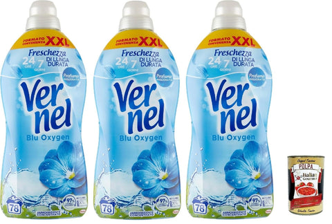 Italian Gourmet E.R. Flüssiger Weichspüler Vernel Blu Oxygen Ammorbidente concentrato, Weichspüler, parfümierte konzentrierte Waschmaschine, intensive Frische und Weichheit, 3x 1,9 -Liter XXL -Verpackung + Italian Gourmet polpa 400g 8032804040014