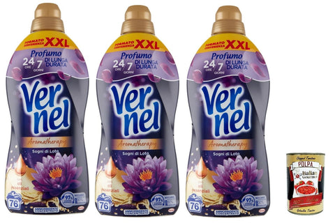 Italian Gourmet E.R. Flüssiger Weichspüler VERNEL Concentrato Aromatherapy Fiori Di Loto, Weichspüler, parfümierte konzentrierte Waschmaschine, intensive Frische und Weichheit, 3x 1,9 -Liter XXL -Verpackung + Italian Gourmet polpa 400g 8032804040014