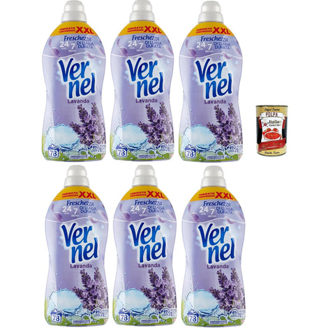Vernel Lavanda Ammorbidente, Weichspüler, parfümierte konzentrierte Waschmaschine, intensive Frische und Weichheit, 6x 1,9 -Liter XXL -Verpackung Original italienisch inkl. Italian Gourmet Polpa 400g