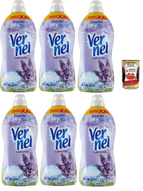 Italian Gourmet E.R. Flüssiger Weichspüler Vernel Lavanda Ammorbidente, Weichspüler, parfümierte konzentrierte Waschmaschine, intensive Frische und Weichheit, 6x 1,9 -Liter XXL -Verpackung + Italian Gourmet polpa 400g 8032804040014
