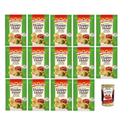 Panealba Happy Hour Pomodoro e Olive verdi 50gr, Crostini mit Tomaten und grünen Oliven 14x 50 g inkl. Italian Gourmet polpa 400gr Original italienisch