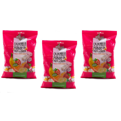 La Giulia Caramelle Morbide con Polpa di Frutta Weiche Bonbons mit Fruchtmark mit Erdbeer-, Orangen- und Bananen Geschmack 150g Beutel 3x Original italienisch