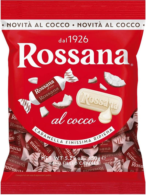 Perugina Rossana al Cocco Caramelle Candies Bonbon Lollies Hartbonbons mit cremiger Füllung auf Basis von Milch und Kokosnuss 150g Beutel 6x Original italienisch inkl. Italian Gourmet Polpa di Pomodoro 400g Dose