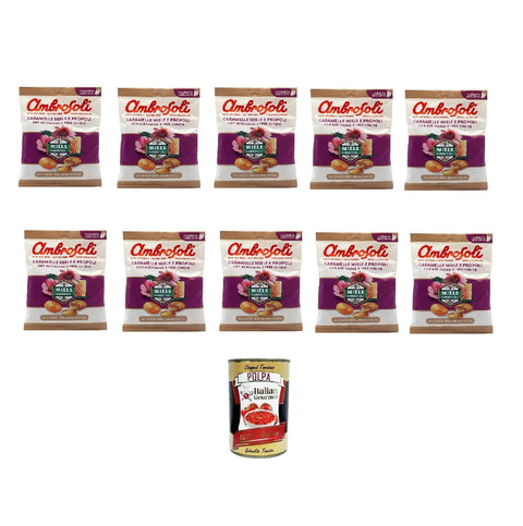 Italian Gourmet E.R. Frucht- & Kräuterbonbons Ambrosoli Caramelle Miele e Propoli 90g, Honig-Propolis-Bonbons 10x90g + Italian Gourmet polpa 400gr 8032804040014
