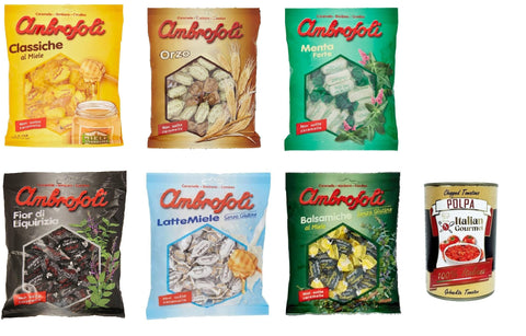 Italian Gourmet E.R. Frucht- & Kräuterbonbons Testpaket Ambrosoli Caramelle al Miele, menta, liquirizia, orzo, balsamiche Klassische Honigbonbons sweets 6 Stücke + Italian Gourmet polpa 400g 8006450022588