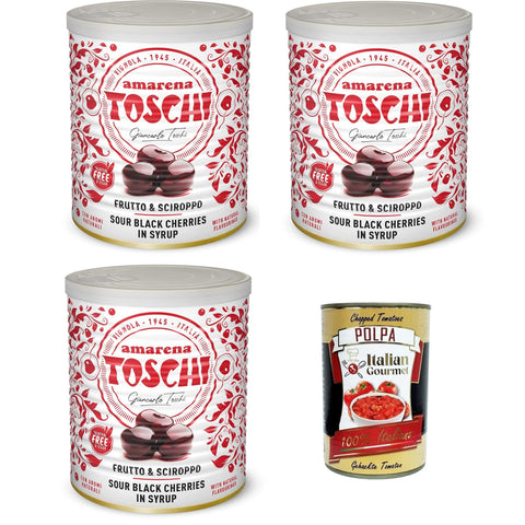 Toschi Amarena kandierte Bonbons in Sirup (50% Frucht und 50% Sirup) zum Dekorieren von Eis und Desserts 3x1 kg inkl. Italian Gourmet polpa 400g Original italienisch